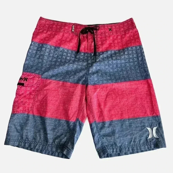 Hurley Red Blue Striped Men's Board Shorts Size 32 Swim Trunks Pocket Unlined